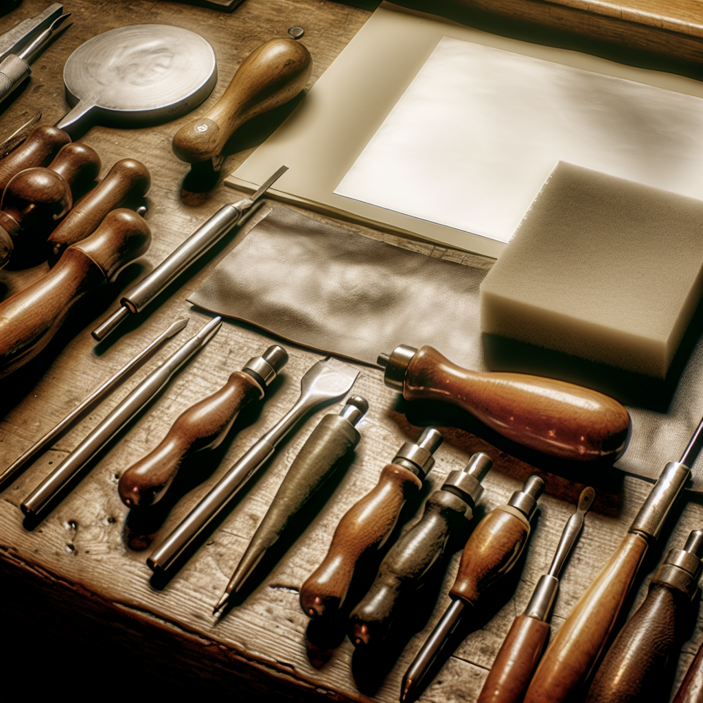 Herramientas para repujado en metal sobre una mesa de trabajo