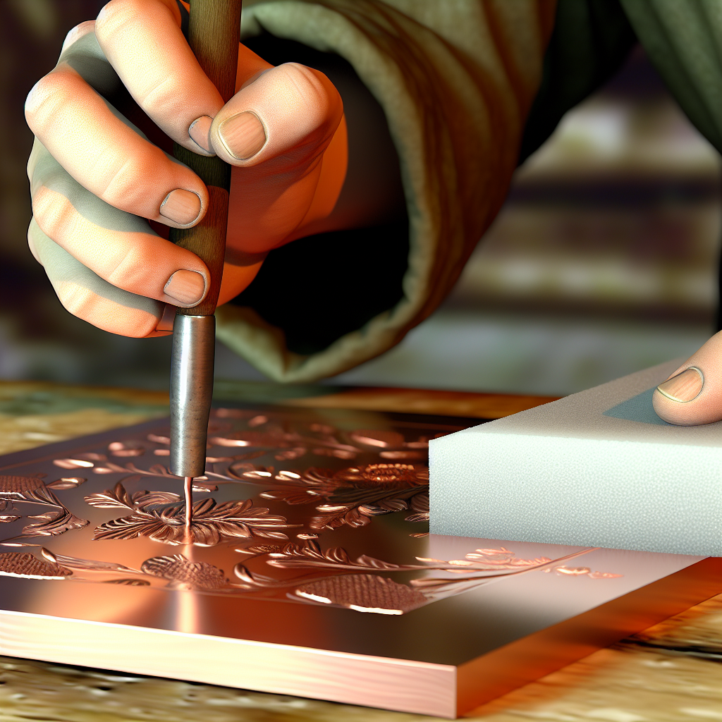 Obra de repujado en aluminio terminada con pátina dorada