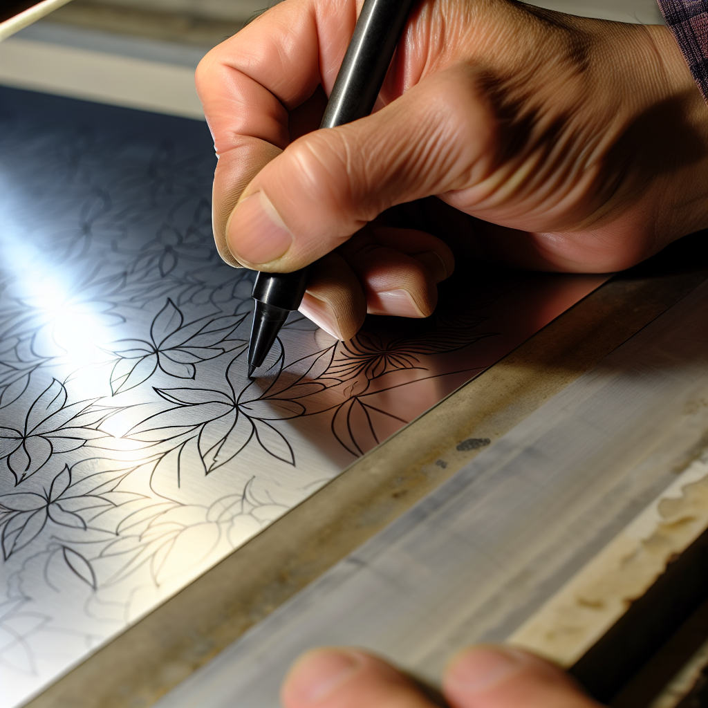 Manos trabajando el repujado en relieve sobre lámina de cobre