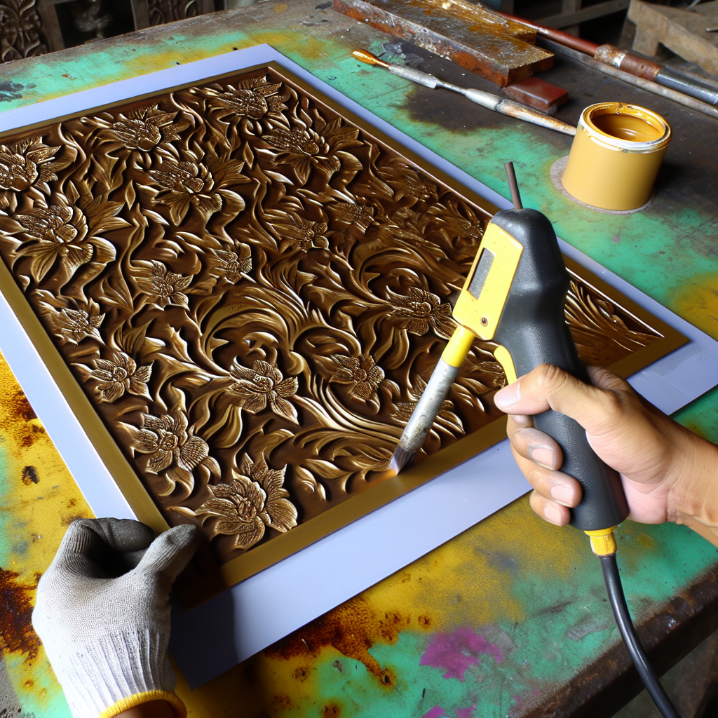Mano transfiriendo un diseño floral al aluminio con papel de calco